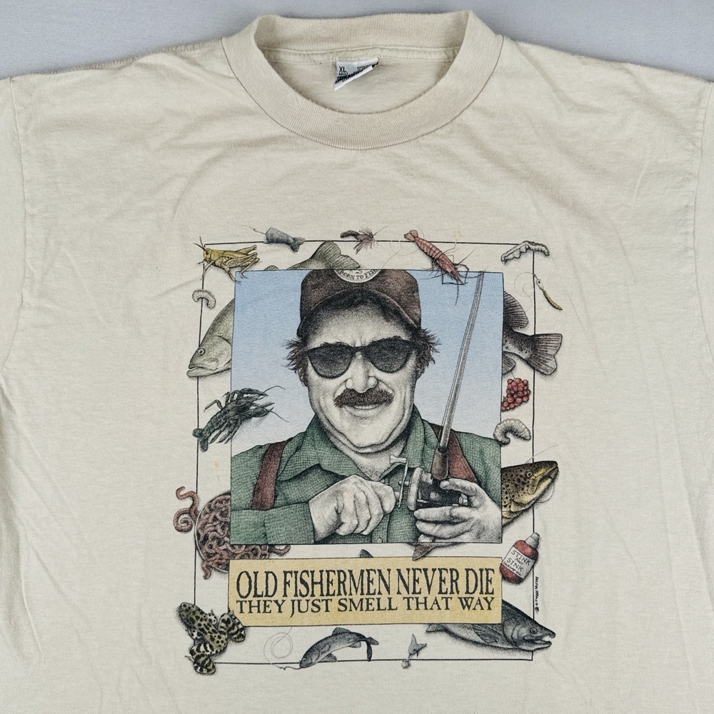Vintage Peggy Murray Fisherman Humor Fishing T Shirt Old Fishermen XL Cream